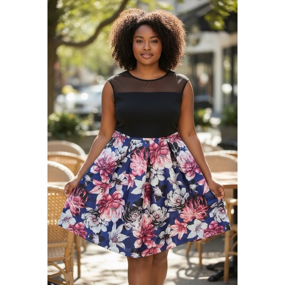 14W Dress, Black With Navy & Floral Melrose Social Dress NWOT